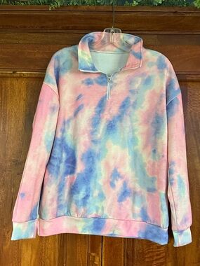 Relaxed Tie-Dye Quarter-Zip Sweater – Pastel Pink Blue